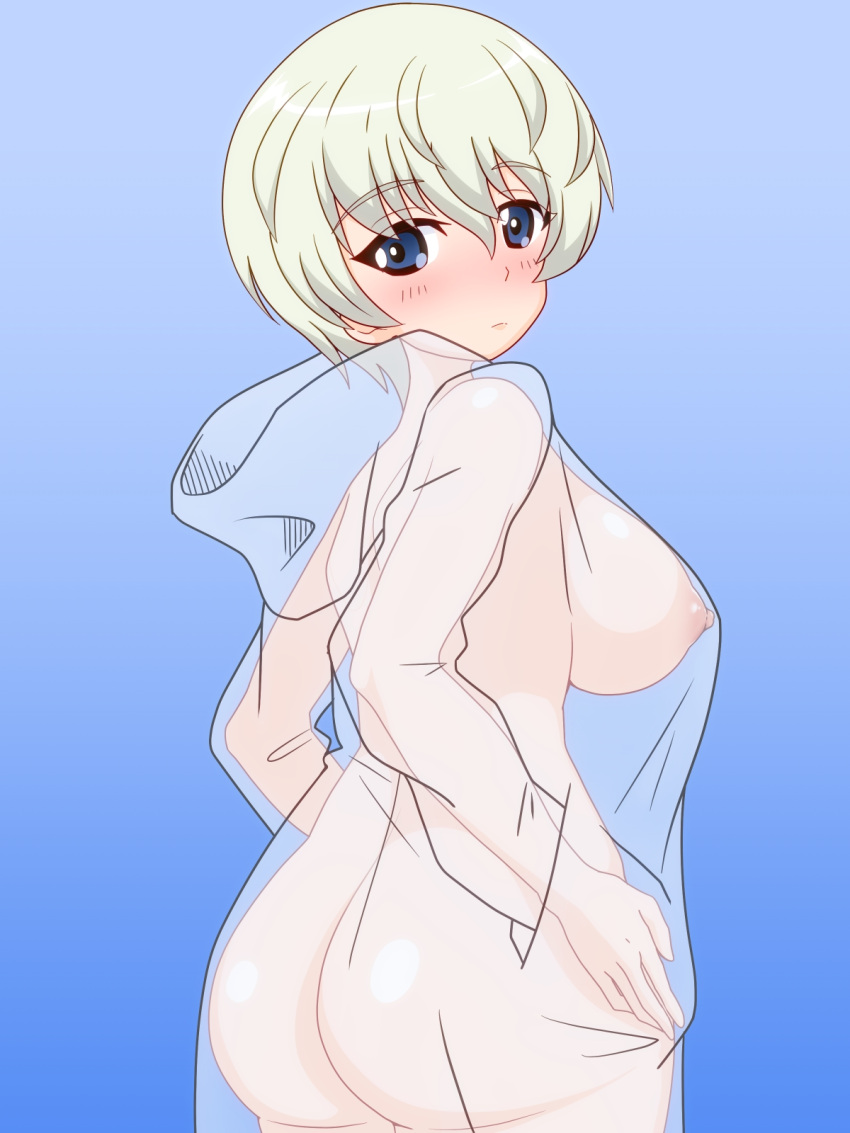 ass blue_eyes blush breasts clavicle closed_mouth eyebrows_visible_through_hair female female female_only girls_und_panzer gogopaint gradient large_breasts looking_at_viewer looking_back navel nipples see-through shiny shiny_hair short_hair solo tagme white_hair youko_(girls_und_panzer)