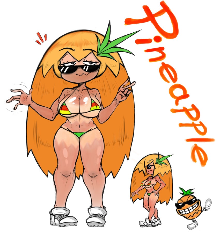 2023 bikini female freckles freckles_on_chest front_view full_body gijinka grin hair_accessory half-closed_eyes hand_on_hip humanized kaircorvus living_fruit long_hair looking_at_viewer multiple_images name_drop on_one_leg orange_hair peace_sign pineapple pineapple_toppin pizza_tower shoes side_view sneakers solo standing tan_skin tanline toppin_gals toppin_gals_minus8 waving