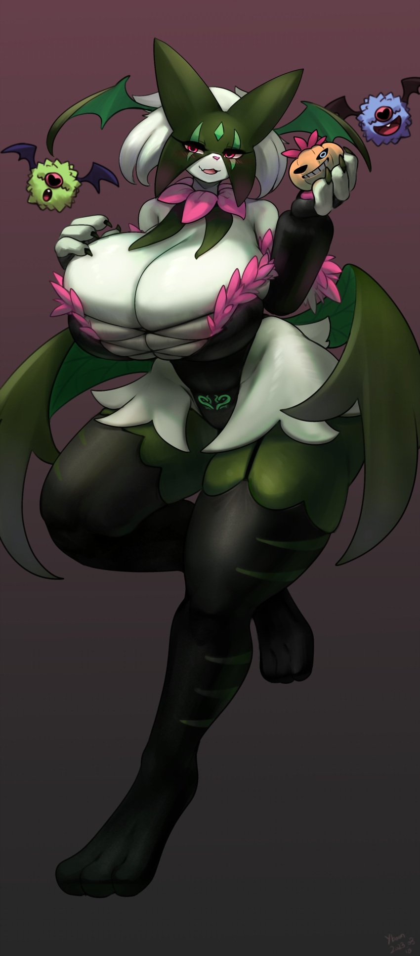 breasts female gipehtyboon heart_tattoo huge_breasts jack-o'-lantern meowscarada nintendo pokémon_(species) pokemon pokemon_sv pumpkin shiny_pokemon thick_thighs video_games wide_hips woobat yboon