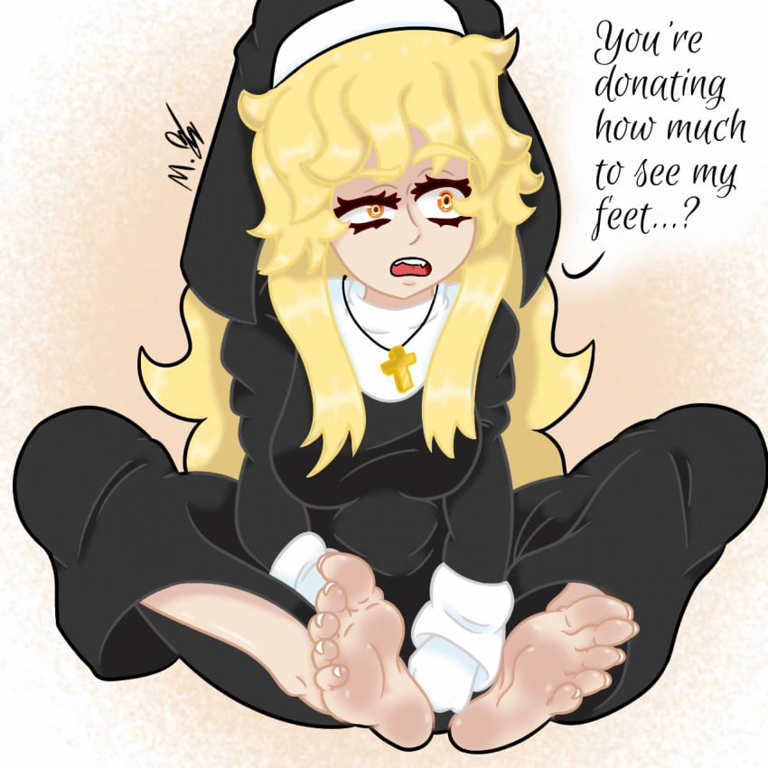 1girls astarte blonde_hair cross dialog dialogue feet feet_together female foot_fetish foot_focus foot_worship legs_apart light-skinned_female light_skin long_hair moldybagelhere nun nun_outfit orange_eyes original_character religion soles toe_curl toe_scrunch toenail_polish toenails toes