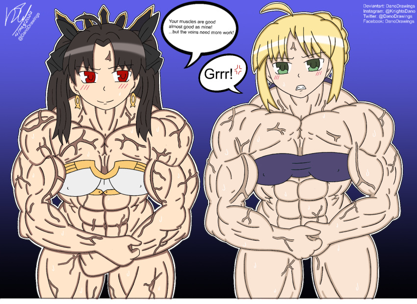 2girls artoria_pendragon danodrawings digital_media_(artwork) fate/grand_order fate_(series) flexing_muscles ishtar_(fate/grand_order) light-skinned_female muscles muscular muscular_female veins veiny_muscles