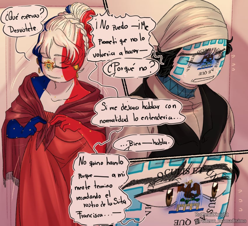 1boy 1futa clothing comic_page comic_panel countryhumans countryhumans_girl estandarte_de_morelos_(countryhumans) french_empire_(countryhumans) futanari male multicolored_body multicolored_hair multicolored_skin rodenn_mmdisimo spanish_text text