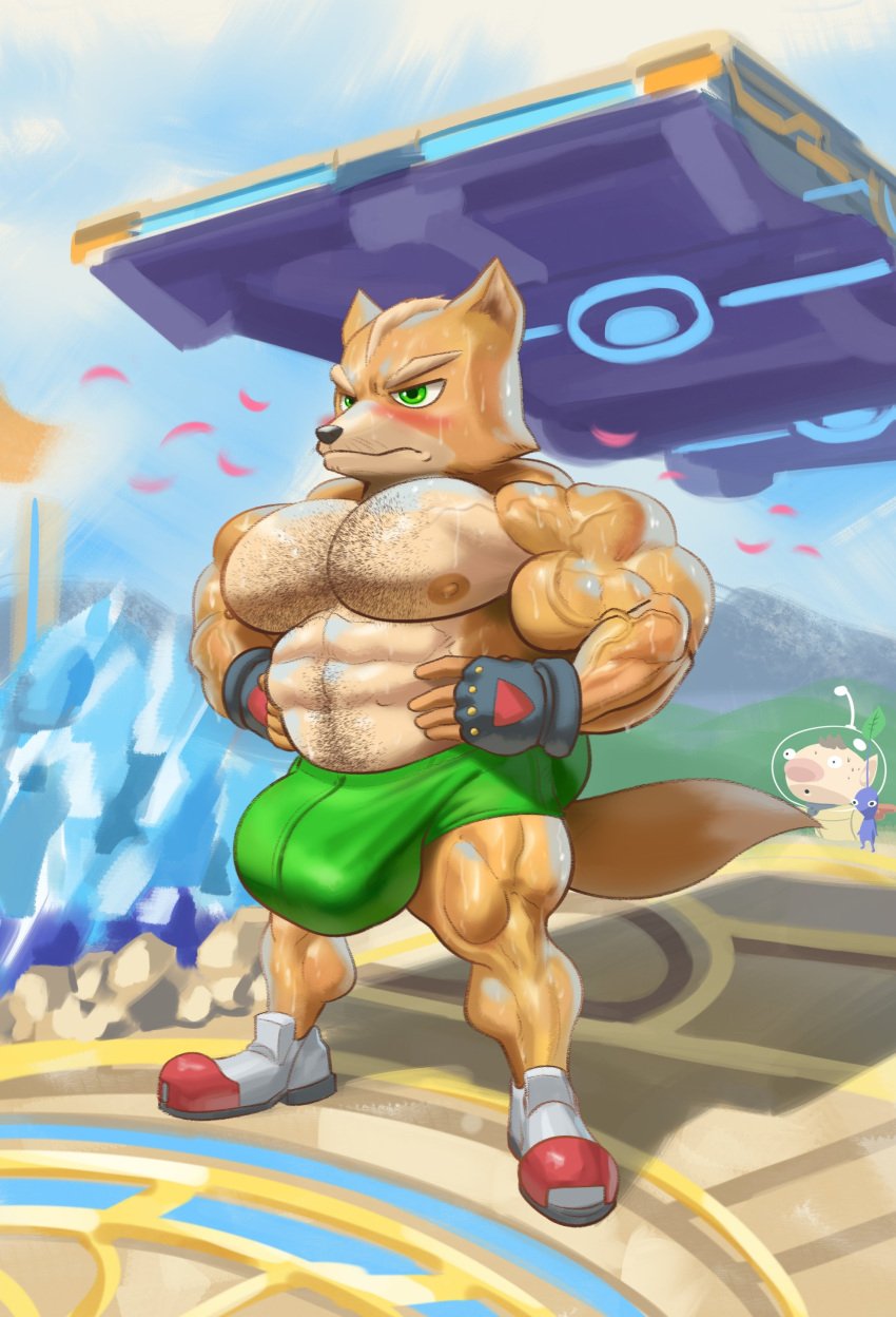 2023 abs absurd_res alien anthro anthro_focus barazoku biceps big_bulge big_muscles blue_pikmin blush bodily_fluids body_hair bottomwear bulge canid canine chest_hair clothed clothing crystal deltoids detailed_background elemental_creature eyebrows facial_hair fingerless_gloves flora_fauna footwear fox fox_mccloud frown fur gloves guzreuef hair handwear happy_trail hi_res hotpants huge_bulge huge_muscles humanoid hyper hyper_bulge hyper_muscles male male_only mammal manly muscular muscular_anthro muscular_male navel nintendo nipples obliques olimar outside pecs petals pikmin pikmin_(species) plant plantigrade platform pubes quads shadow shoes shorts solo solo_focus standing star_fox stomach_hair super_smash_bros. sweat topless topless_anthro topless_male triceps tuft vein veiny_muscles