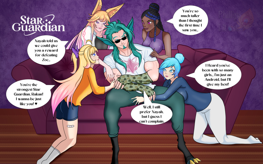 1boy 4girls ahri biceps clothed couch_sitting dark_skin hyper_muscles league_of_legends league_of_legends:_wild_rift muscles muscular muscular_male orianna rakan redeemed_star_guardian_rakan riot_games senna_(league_of_legends) seraphine_(league_of_legends) star_guardian_ahri star_guardian_orianna star_guardian_senna star_guardian_seraphine star_guardian_series touching_another's_crotch touching_chest touching_penis touching_thigh vastaya