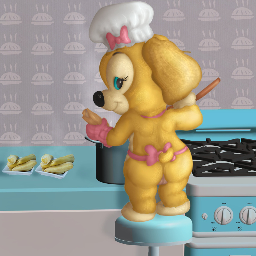 1girls anthro apron apron_only ass ass big_ass big_butt canine canine cookieann cooking cub disney duffy_and_friends female female_focus female_only food furry green_eyes looking_at_viewer mousetache pussy pussy_peek vagina yellow_body yellow_fur