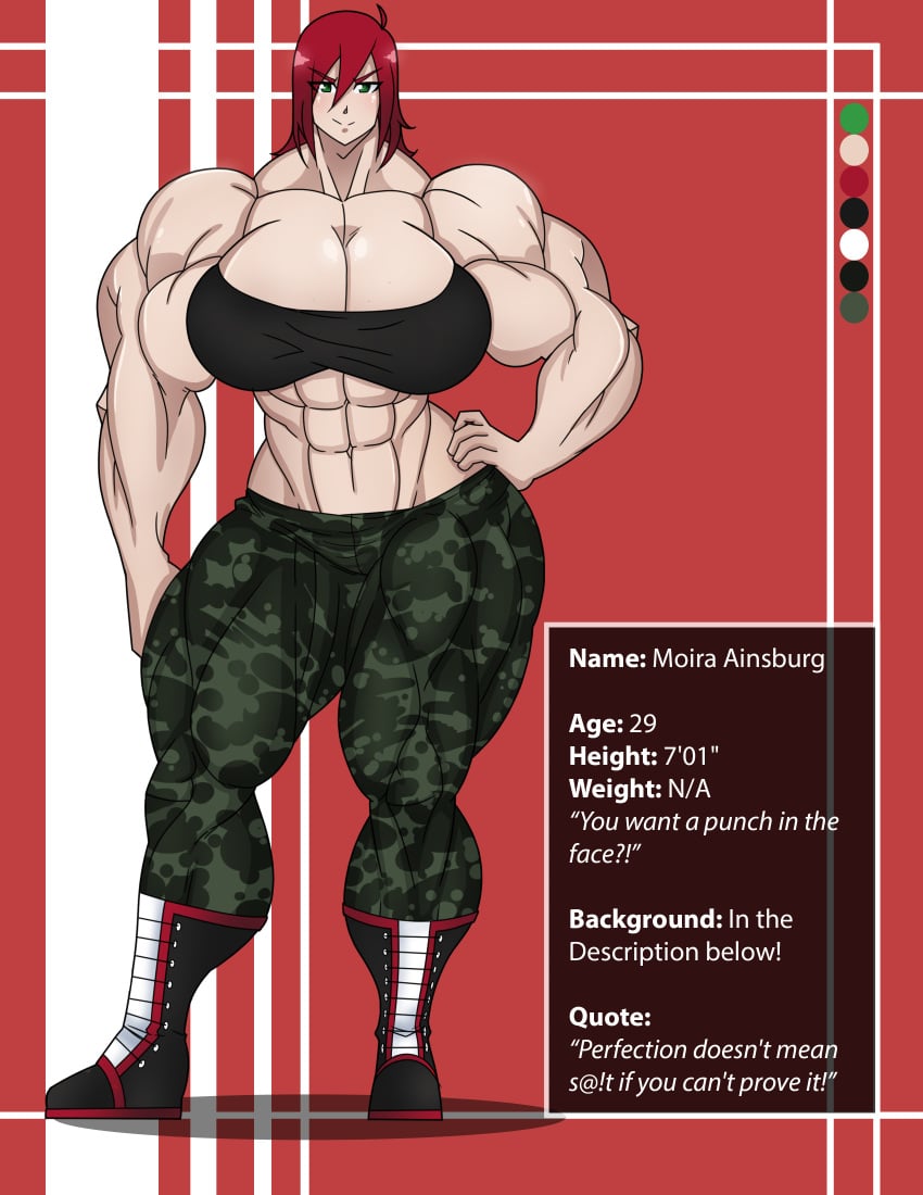 abs boots camouflage character_sheet female forsakun green_eyes moira_ainsburg muscular muscular_female muscular_thighs solo tall_female thick_thighs