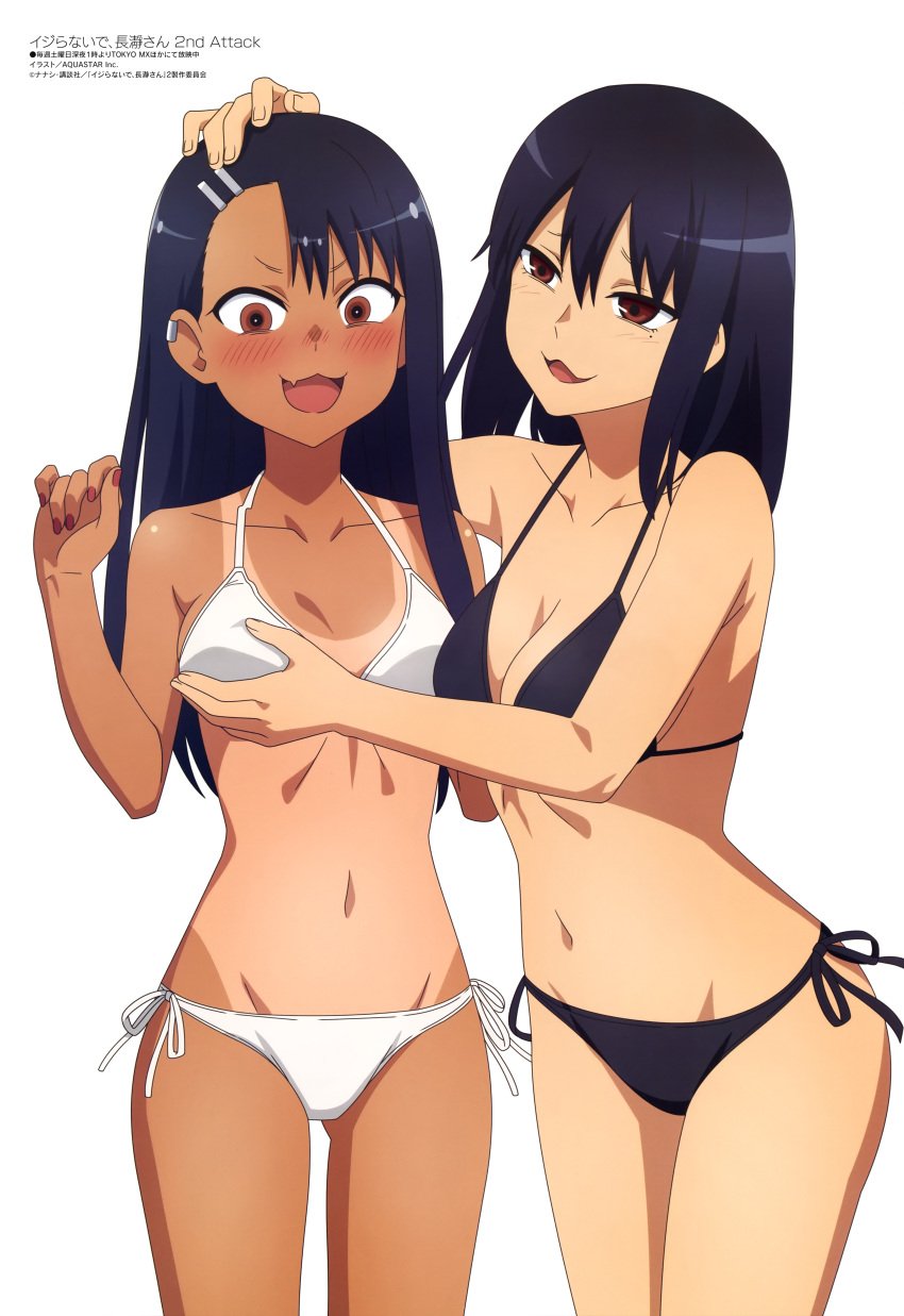 2girls :3 :d absurdres aquastar_inc. bikini black_bikini black_hair black_vs_white blush breast_grab breasts brown_eyes cleavage embarrassed female female_only grabbing groping hayase_nagatoro highres incest large_breasts magazine_scan medium_breasts megami_magazine misaki_nagatoro multiple_girls navel official_art older_sister open_mouth please_don't_bully_me,_nagatoro scan siblings side-tie_bikini_bottom sisters small_breasts smile swimsuit tan tanline white_background white_bikini younger_sister yuri