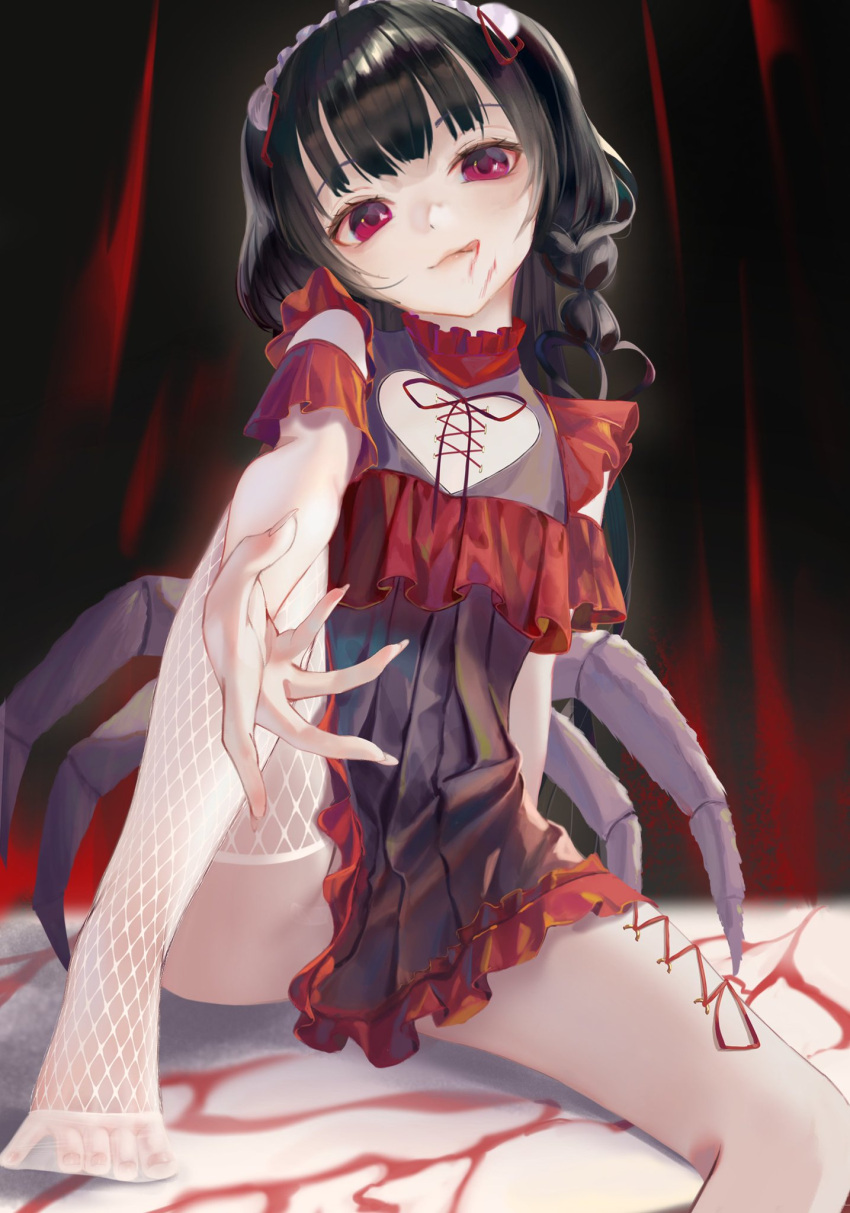 1girls amiya_aranha_(vtuber) black_hair blood clothed clothing corset_piercing female female_only fishnets headdress indie_virtual_youtuber licking_lips light-skinned_female light_skin nekobell_(amairoreki) red_eyes small_breasts solo spider_girl spider_legs tsunderia virtual_youtuber