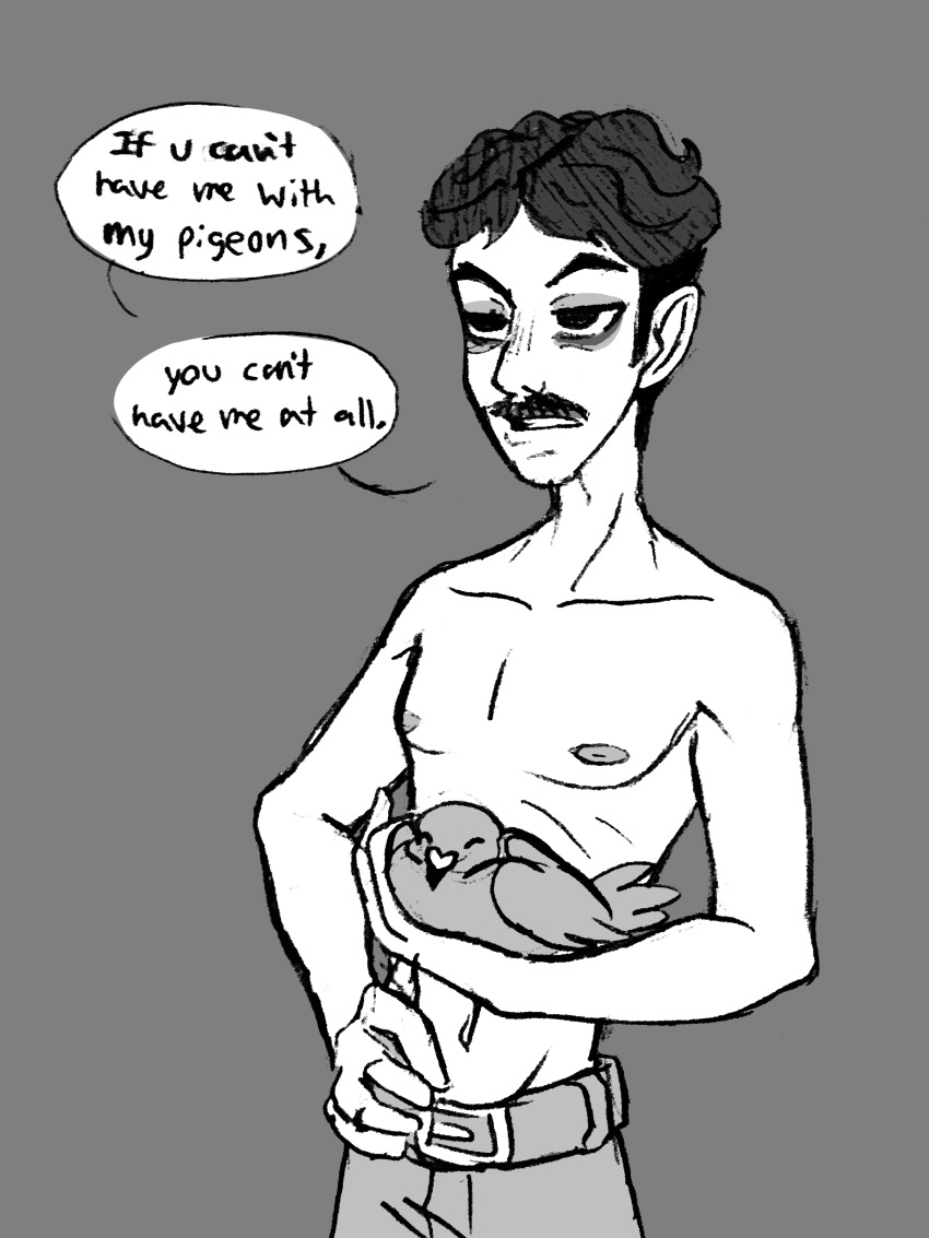 dialogue gay gay_male grayscale historical kinky_twinky monochrome nikola_tesla non-sexual pigeon shirtless shirtless_(male) sketch speech_bubble twink