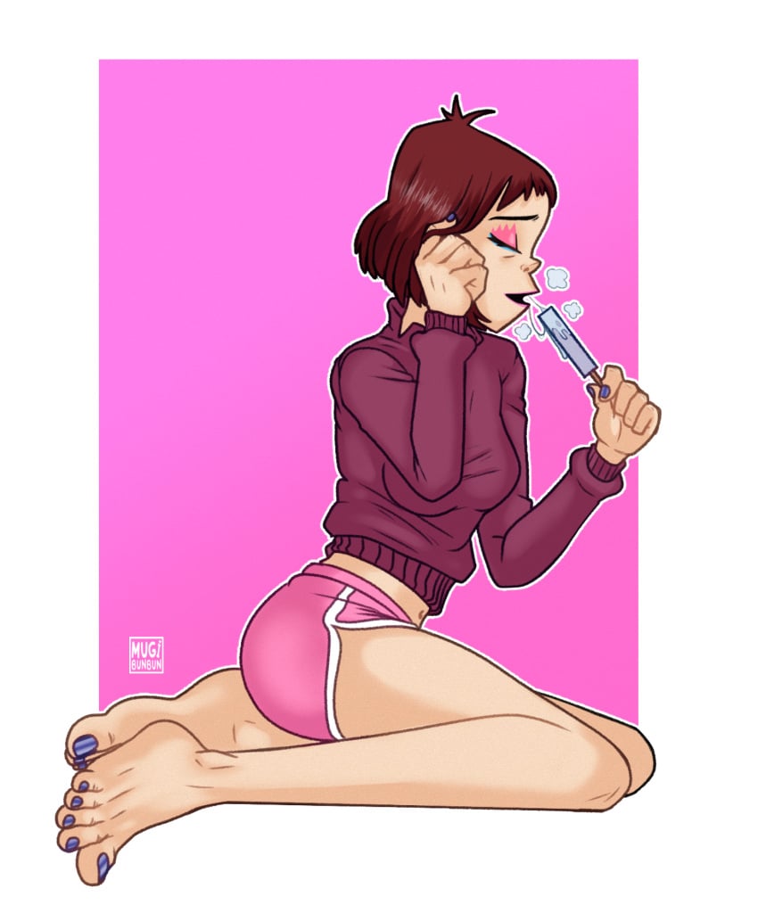 1girls 5_toes athletic_shorts barefoot belly_button big_feet blue_nails clothing dolphin_shorts drool_string feet female female_only foot_fetish gorillaz mugibunbun noodle_(cracker_island) noodle_(gorillaz) pink_eyeshadow pink_shorts playing_with_hair popsicle popsicle_melting purple_sweater red_hair shorts sitting_on_knees solo sportswear