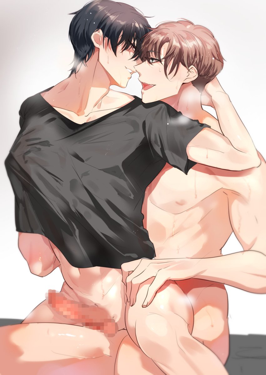 2boys anal black_hair black_shirt bottomless brown_hair censored completely_nude erection highres imminent_kiss male_focus mosaic_censoring multiple_boys nude open_mouth original penis rynanakagawa sex sex_from_behind shirt short_hair t-shirt testicles yaoi