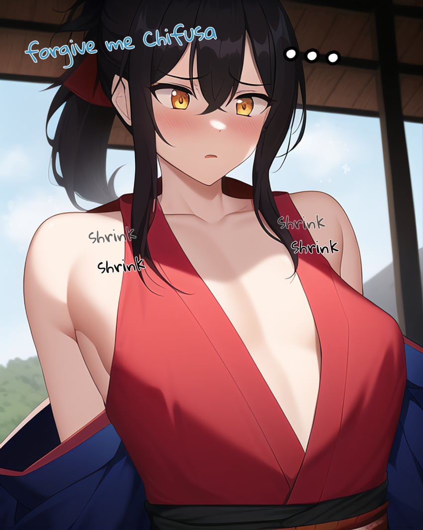 ai_generated breast_reduction breast_shrinking flat_chested flatifier giant_breasts manyuu_chifusa manyuu_hikenchou original original_character small_breasts tagme