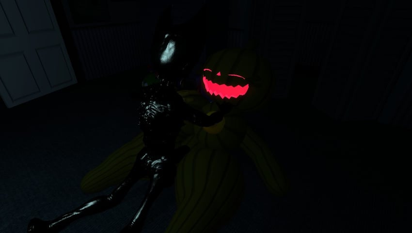 1boy 1girls 3d 3d_(artwork) bendy bendy_and_the_ink_machine big_breasts black_skin five_nights_at_freddy's five_nights_at_freddy's_4 green_skin jack_o_pumpkin_(fnaf) penis_in_pussy pumpkin pumpkin_girl sex smile