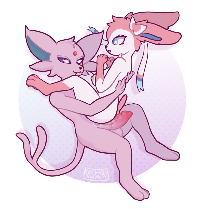 anthro balls big_ears blue_eyes bodily_fluids breasts duo duo_focus eeveelution espeon female fluffy_ears fur generation_2_pokemon generation_6_pokemon genital_fluids genitals glistening glistening_eyes group hi_res keshary male male/female nintendo nude penis penis_rubbing pink_body pokemon pokemon_(species) pussy_juice rubbing sex sylveon wet wet_penis white_body white_fur