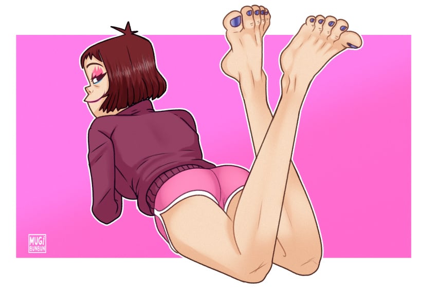 5_toes athletic_shorts barefoot big_feet blue_nails clothing dolphin_shorts feet female foot_fetish foot_focus gorillaz knees_crossed looking_at_viewer looking_back_at_viewer mugibunbun noodle_(cracker_island) noodle_(gorillaz) pink_eyeshadow pink_shorts purple_sweater red_hair shorts smiling smiling_at_viewer solo_female sportswear toes