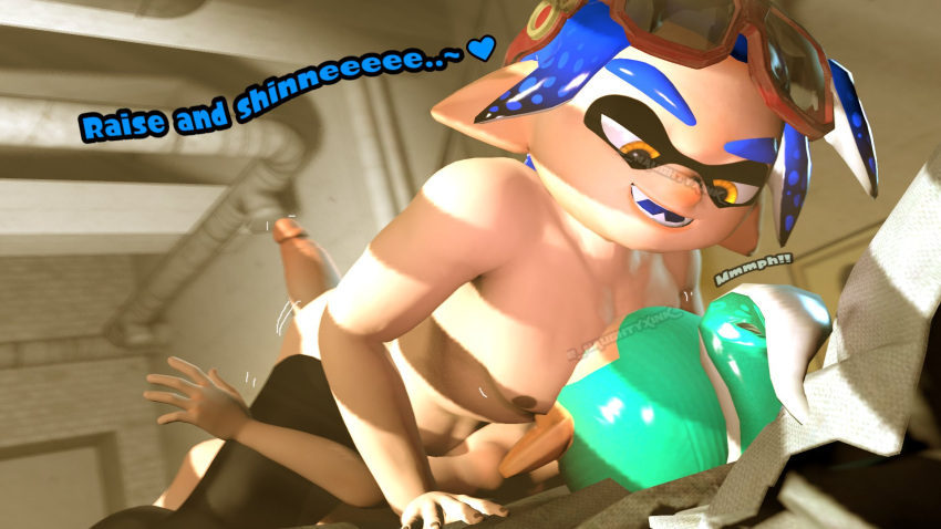 2boys 3d 3d_(artwork) age_difference blue_hair dialogue face_in_chest gay inkling inkling_boy male male_focus male_only morning morning_wood naughtyxink octoling octoling_boy older_male on_top on_top_of_another pecs penis splatoon tagme text waking_up yaoi yellow_eyes younger_male