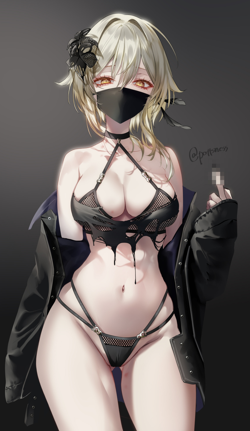 1girls alternate_costume bikini black_bikini black_jacket black_mask blonde_hair breasts choker cleavage female female_only fishnet_bikini genshin_impact goth jacket looking_at_viewer lumine_(genshin_impact) mask middle_finger open_jacket pottsness ripped_clothing yellow_eyes