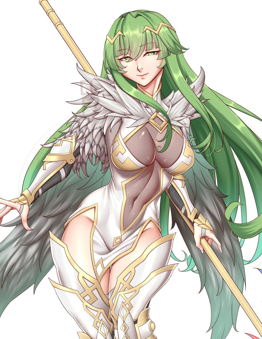 1girls absurdres alternate_costume alternate_version_available bare_thighs bodystocking boots breasts cleavage cleru_(cleruuuuu) clothing_cutout cowboy_shot crown english_commentary feather_trim female female_only fire_emblem fire_emblem_echoes:_shadows_of_valentia green_eyes green_hair groin harrier_(fire_emblem) highres holding holding_polearm holding_weapon large_breasts long_hair long_sleeves looking_at_viewer navel nintendo no_panties palla_(fire_emblem) polearm red_legwear red_nails revealing_clothes simple_background smile solo thigh_boots thighhighs thighs toned very_long_hair weapon white_background