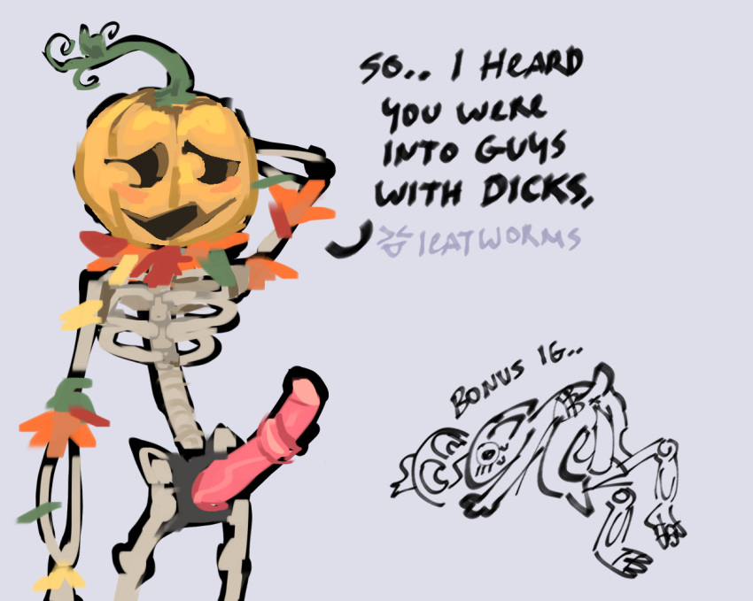 animal_genitalia animal_penis anthro blush ghazkin ghazt ghazt_(my_singing_monsters) ieatworms monochrome_background my_singing_monsters pumpkin pumpkin_head punkleton sex_toy skeleton strap-on strapon strapon_sex sweat sweating