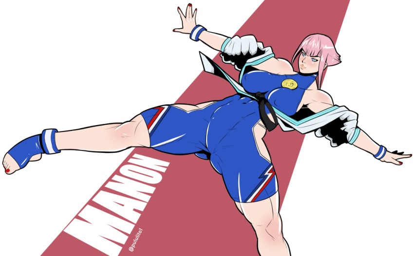 1girls ass ass_visible_through_thighs blue_clothing breasts female female_only fully_clothed manon_legrand nipple_bulge nipples pink_hair pululon solo straight_hair street_fighter street_fighter_6 thighs toes