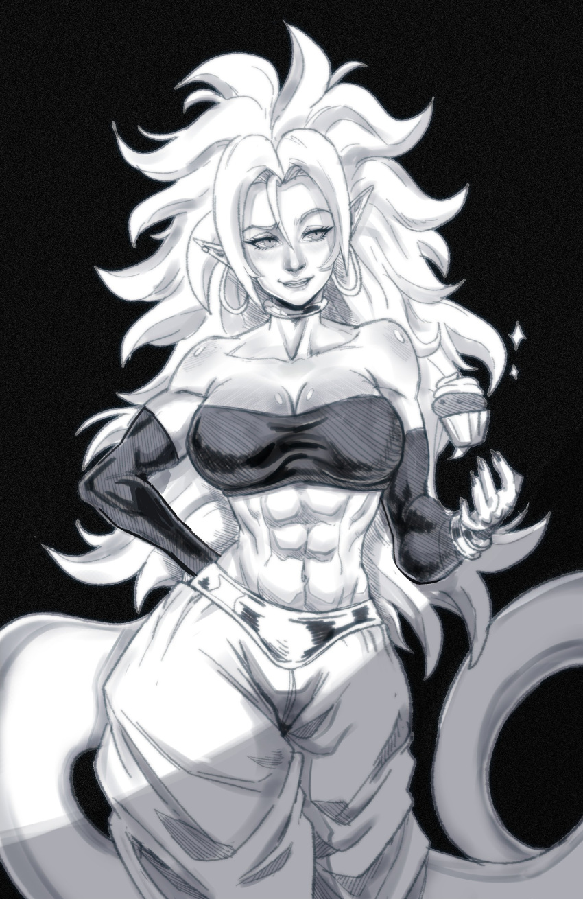 1girls abs android_21 android_21_(good) arabian_clothes belly_button bracelet breast cupcake dragon_ball dragon_ball_fighterz dragon_ball_z fit fit_female harem_outfit jewelry majin_android_21 monochrome muscle muscular muscular_female navel pointy_ears six_pack smile solo solo_female spiked_hair spiky_hair tail