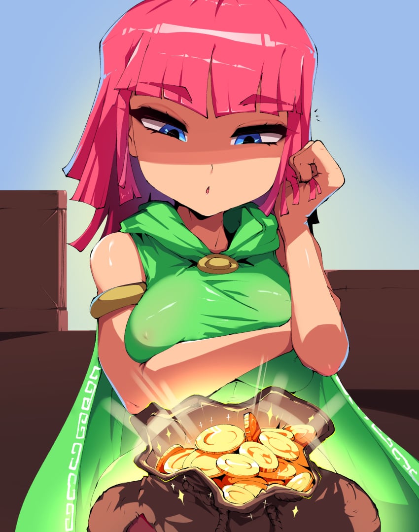 1girls archer_(clash_of_clans) arm_ring big_breasts chobonolly clash_(series) clash_of_clans clothed clothed_female clothing fully_clothed fully_clothed_female hands_under_breasts looking_at_money nipple_bulge offering_money pink_hair playing_with_hair supercell tagme