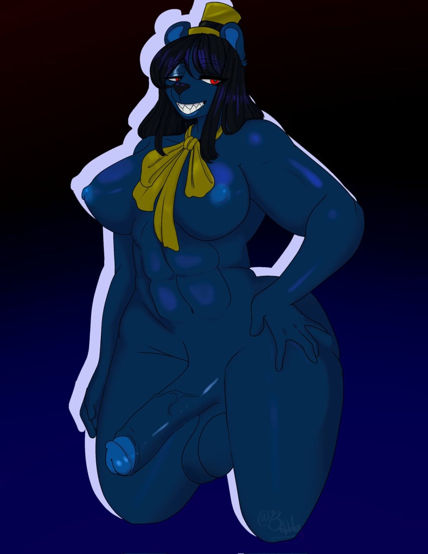 5_fingers abs accessory anthro areola ass balls bear bedroom_eyes big_breasts blue_body blue_hair bow_ribbon breasts bubbly_bubblegum butt_squish clothing digital_media_(artwork) erection fingers five_nights_at_freddy's five_nights_at_freddy's_4 foreskin futa_only futanari genitals gradient_background hair hands_on_hips hat headgear headwear hi_res humanoid intersex long_hair looking_at_viewer machine mammal muscular narrowed_eyes nightmare_(fnaf) nipples nude penis penis_tip red_eyes robot robot_humanoid saggy_balls scottgames seductive sharp_teeth signature simple_background solo squish teeth thick_thighs top_hat watermark