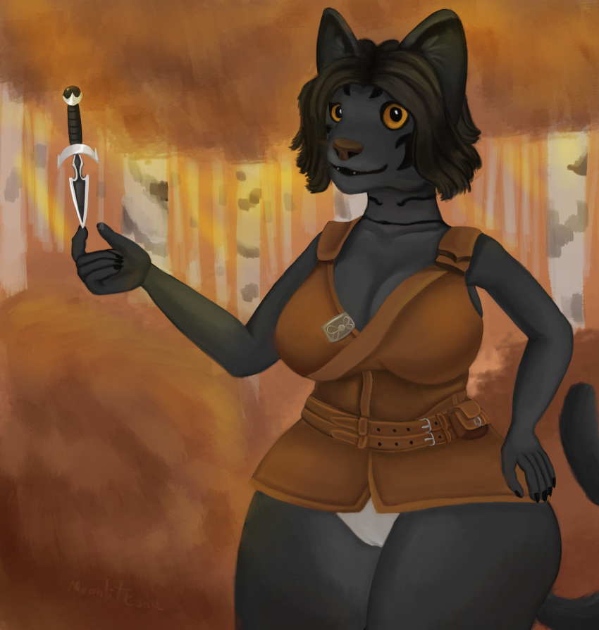 absurd_res anthro bethesda_softworks big_breasts black_body black_fur breasts brown_hair camel_toe clothed clothing felid female female_focus fur hair hi_res huge_breasts huge_thighs hyper hyper_thighs khajiit looking_at_viewer mammal moonlitesau skimpy smile smiling_at_viewer solo solo_focus the_elder_scrolls thick_thighs