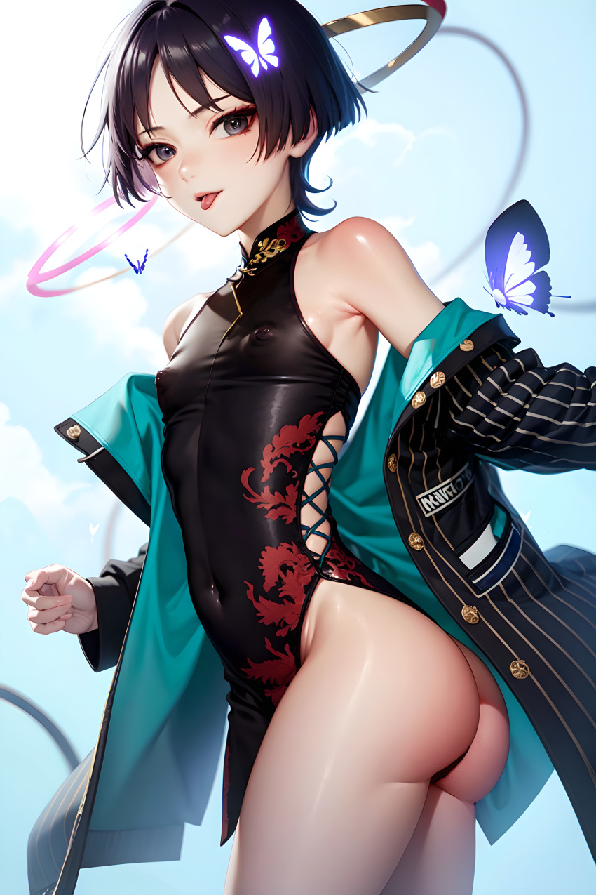 1boy ai_generated ass butterfly chinese_clothes femboy genshin_impact girly girly_boy hairclip halo high_resolution highres looking_at_viewer male male_only nipple_bulge nipples_visible_through_clothing off_shoulder open_clothes otoko_no_ko otokonoko pelvic_curtain pinstripe_jacket purple_eyes purple_hair scaramouche_(genshin_impact) showing_ass sky solo stable_diffusion swollen_nipples tongue tongue_out