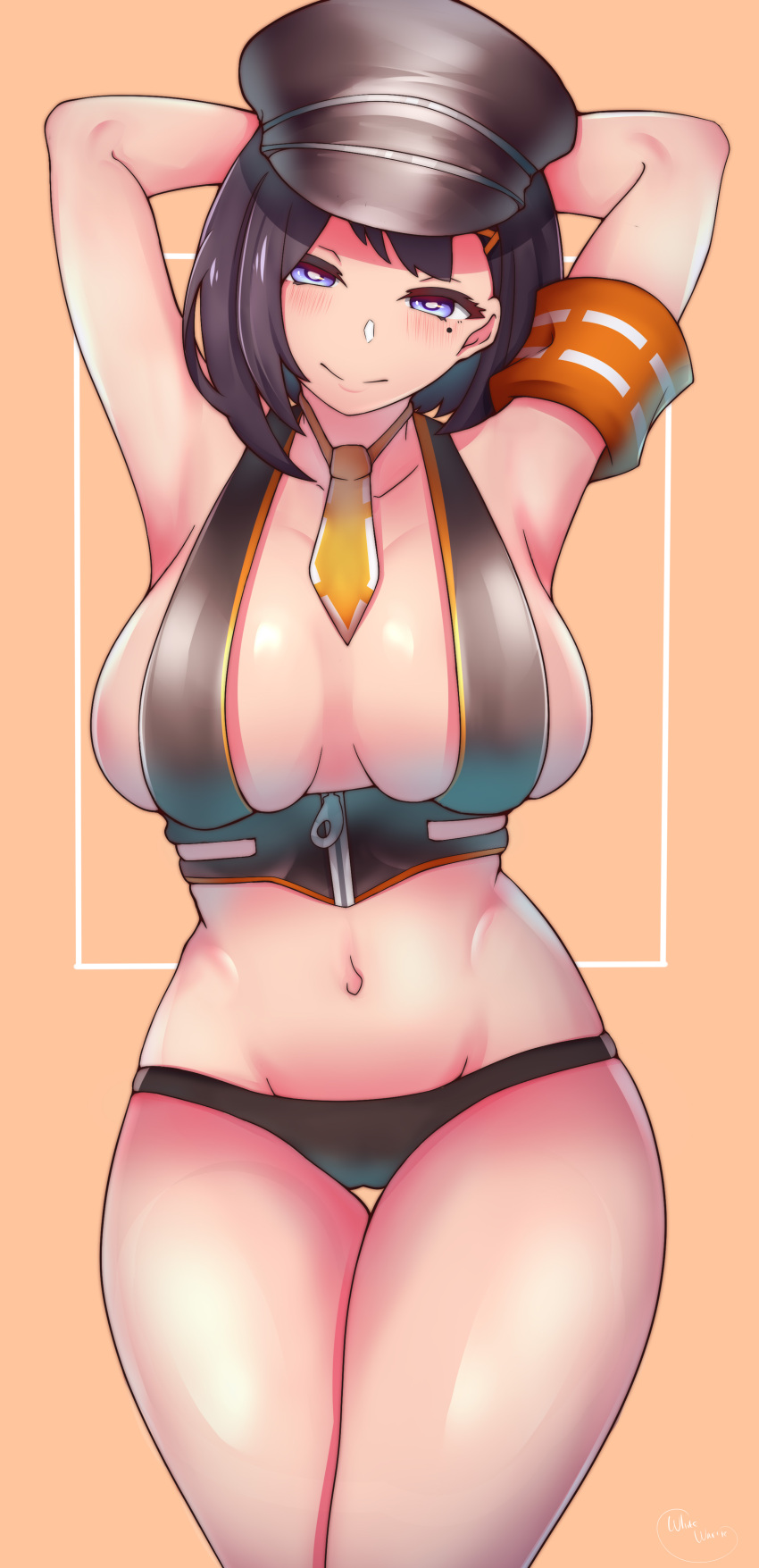 1girls arm_band armband armpits arms_behind_head arms_up army_hat bare_armpits bare_midriff belly_button big_breasts black_hair black_panties blue_eyes blush bob_cut exposed_armpits exposed_torso female female_only hat hi_res highres large_breasts light-skinned_female light_skin looking_at_viewer midriff mole mole_under_eye navel necktie nijisanji nijisanji_indonesia panties police_hat revealing_clothes short_hair showing_armpits showing_off sideboob siska_leontyne soft_breasts solo strap_bra straps thigh_gap thighs tummy virtual_youtuber whitewaffle zipper