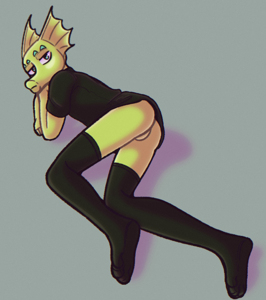 anthro ass ass_out black_clothing bored_expression clothing digital_drawing_(artwork) digital_media_(artwork) ear_fins fin green_body green_eyes green_skin greenboy_(supercell) hi_res humanoid leggings legwear long_snout looking_at_viewer male presenting presenting_hindquarters shirt snout solarlewds solo supercell_(comic) t-shirt topwear