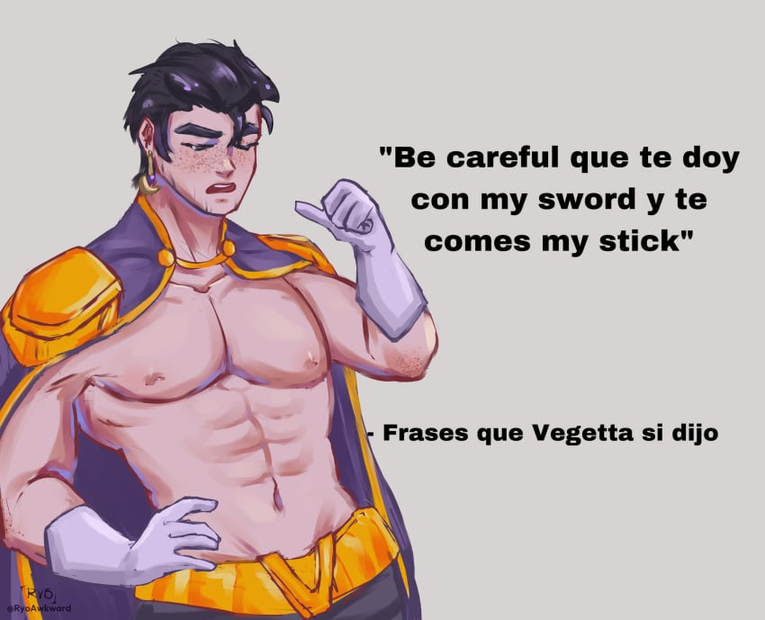 1boy abs beard bilingual bilingual_text cape dark_hair english_text gloves human male male_only manly mcyt meme muscular_male nipples pecs qsmp ryoawkward sfw shirtless solo spanish_text text vegetta777 youtube youtube_hispanic youtuber_boy