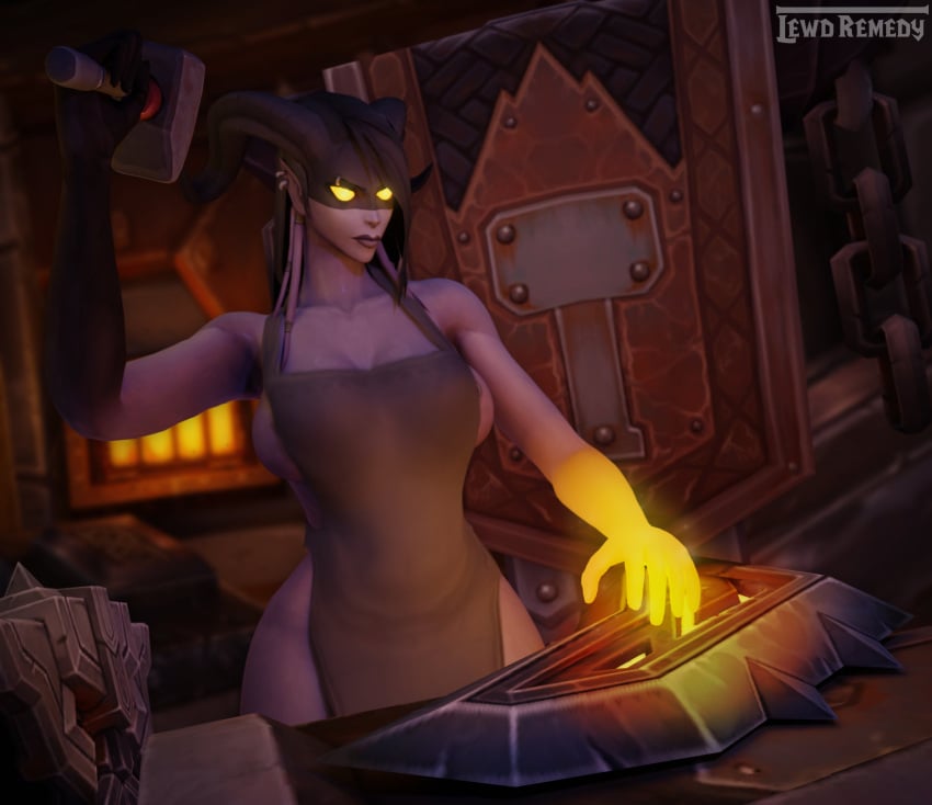 abs anvil apron areole athletic blacksmith dark_skin draenei eyes glowing horns lewdremedy muscles muscular muscular_female nose_piercing piercing pubic_hair solo_female thick thighs virtessa world_of_warcraft