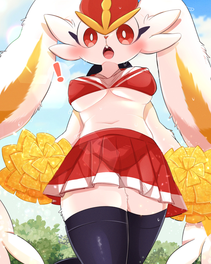 2023 4:5 anthro big_breasts blush bottomwear breasts cheerleader cinderace clothed clothing cute cute_face exclamation_point female fur gigantamax_cinderace gigantamax_pokemon hi_res legwear nintendo pokemon pokemon_(species) prrrrrrmine skirt solo white_body white_fur