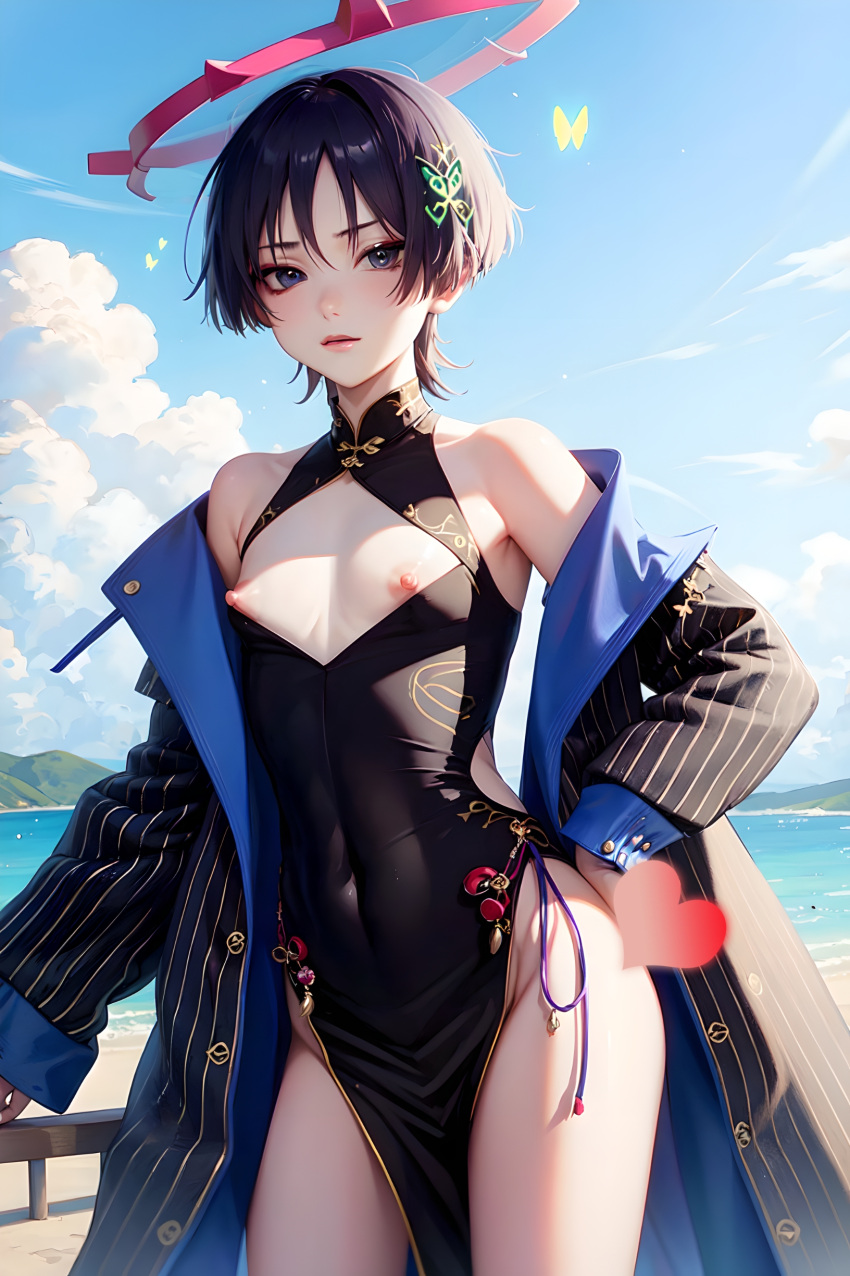 1boy ai_generated butterfly chinese_clothes clouds cloudy_sky femboy genshin_impact girly girly_boy hairclip halo hand_on_hip heart high_resolution highres looking_at_viewer nipples ocean off_shoulder open_clothes otoko_no_ko otokonoko outdoors pelvic_curtain pinstripe_jacket purple_eyes purple_hair scaramouche_(genshin_impact) sky stable_diffusion swollen_nipples