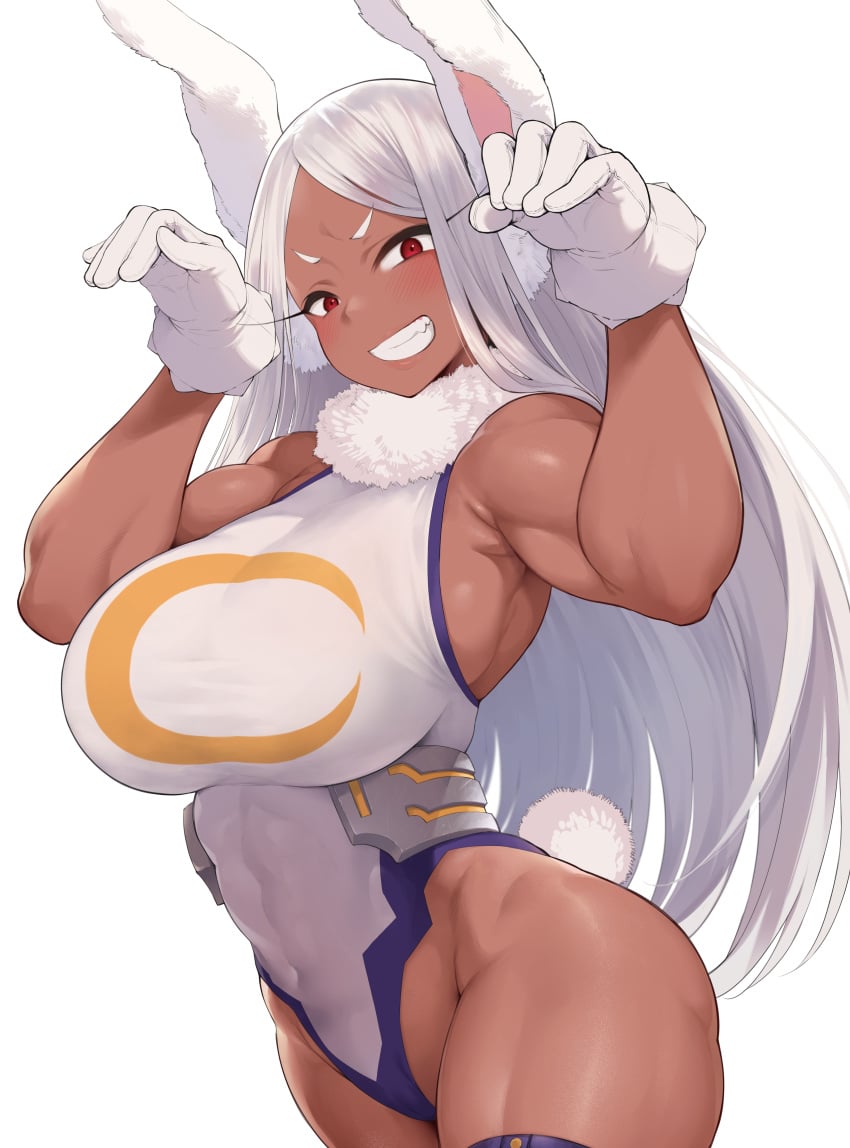 1girls big_breasts breasts brown_skin dark-skinned_female dark_skin female female_only fit fit_female fully_clothed hero_outfit_(mha) hi_res hips large_breasts latex light-skinned_female light_skin long_ears long_hair miruko muscular muscular_female my_hero_academia rabbit_ears red_eyes rumi_usagiyama solo thick_thighs thighs white_hair wide_hips yomomirin