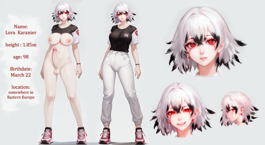 1girls ai_generated balls big_breasts breasts_out character_sheet english_text erection female futa_only futanari half_dressed half_naked human lora_karanier_oc_(character) nipples original_character red_eyes stalkek white_hair white_jeans white_pants