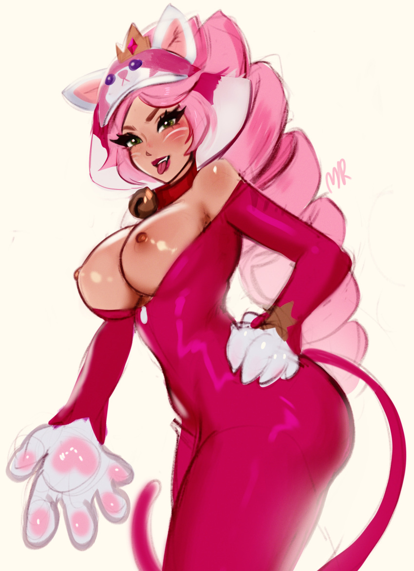 1girls ass big_breasts blush cats_versus_dogs_series collar hair_ornament kittalee_nidalee league_of_legends long_hair looking_at_viewer merellyne nidalee nipples open_clothes open_mouth partially_clothed paws pink_hair riot_games smile solo standing tail thick_thighs