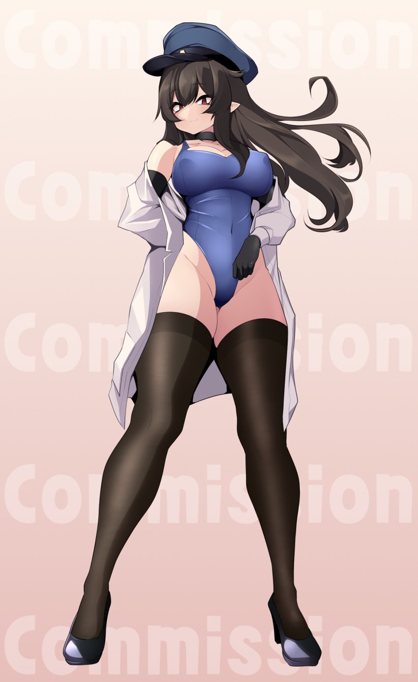 1girls black_gloves cap choker cleavage clothed clothing commission dammit_(artist) eyebrows_visible_through_hair female female_only gloves hat heels light-skinned_female light_skin nipple_bulge original solo thighhighs