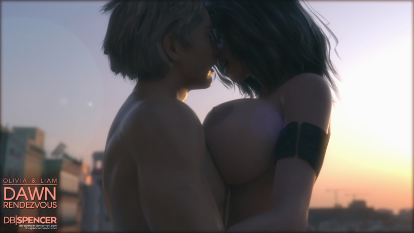 1boy 1futa 3d balcony big_breasts big_penis blonde_hair breasts db-spencer futanari kissing large_breasts light-skinned_futanari light-skinned_male light_skin male nude nude_futanari penis short_hair