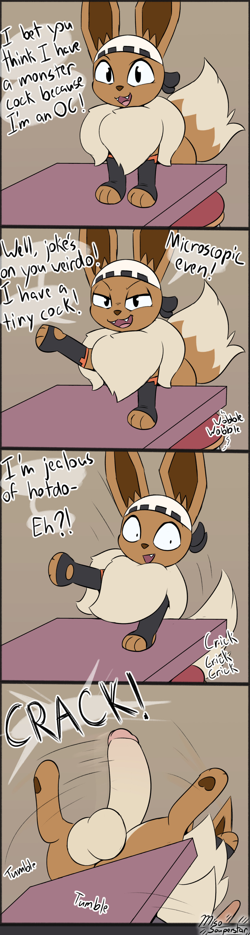 2023 3_toes 4koma absurd_res balls big_balls big_penis black_clothing black_eyes black_footwear black_headkerchief black_kerchief brown_body brown_fur brown_inner_ear brown_nose canid canine clothing comic cute_fangs dipstick_tail eevee feet feral fluffy fluffy_tail footwear fur furniture generation_1_pokemon genitals glans headgear headkerchief headwear hi_res huge_balls huge_cock humanoid_genitalia humanoid_penis humor kerchief male mammal mane markings miso_souperstar motion_lines nintendo on_table onomatopoeia penis pink_glans pokemon pokemon_(species) smile smirk solo sound_effects table tail tail_markings tan_balls tan_body tan_fur tan_penis text toes white_clothing white_headkerchief white_headwear white_kerchief