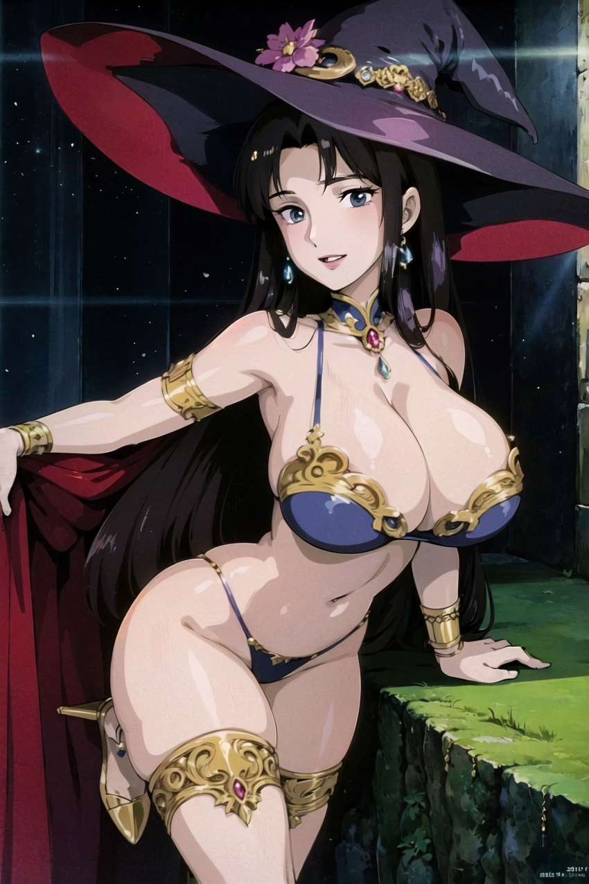 ai_generated bikini black_hair blue_dress blue_eyes breasts clothing dress female female_only hat headwear high_heels high_resolution large_breasts mature mature_female retromage solo underwear witch witch_hat