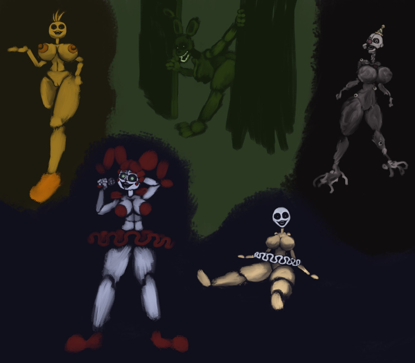 5girls animatronic baby_(fnafsl) boobs chicken circus_baby circus_baby_(fnaf) clothing clown_girl ennard_(fnafsl) female female_only five_nights_at_freddy's five_nights_at_freddy's:_sister_location five_nights_at_freddy's_2 five_nights_at_freddy's_3 green_body green_eyes irynashgrove minireena multiple_girls nightmare_fuel nightmare_waifu nipples nude robot_girl rule_63 springtrap springtrap_(fnaf) toy_chica_(fnaf)