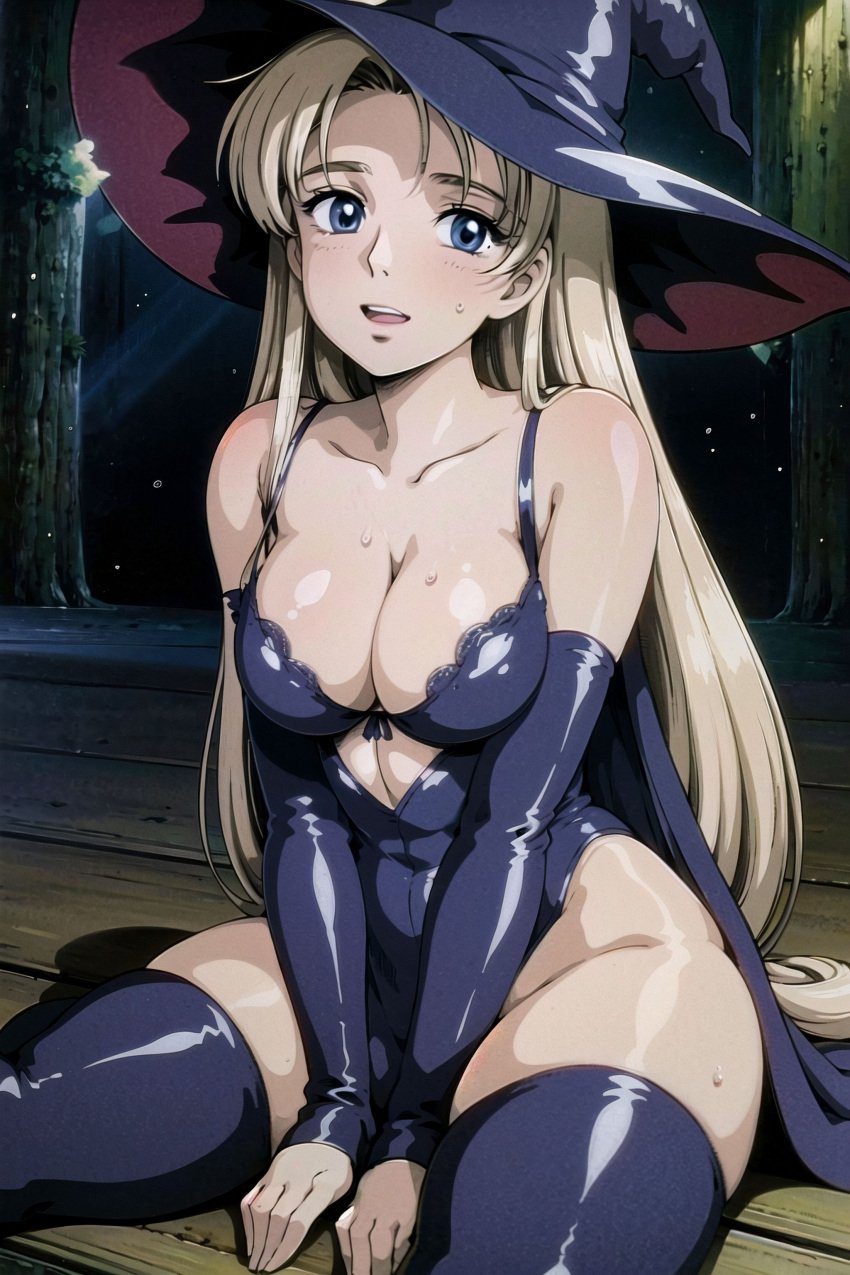 ai_generated blonde_hair blue_dress blue_eyes breasts clothing dress female female female_only hat headwear high_resolution large_breasts retromage solo witch witch_hat young