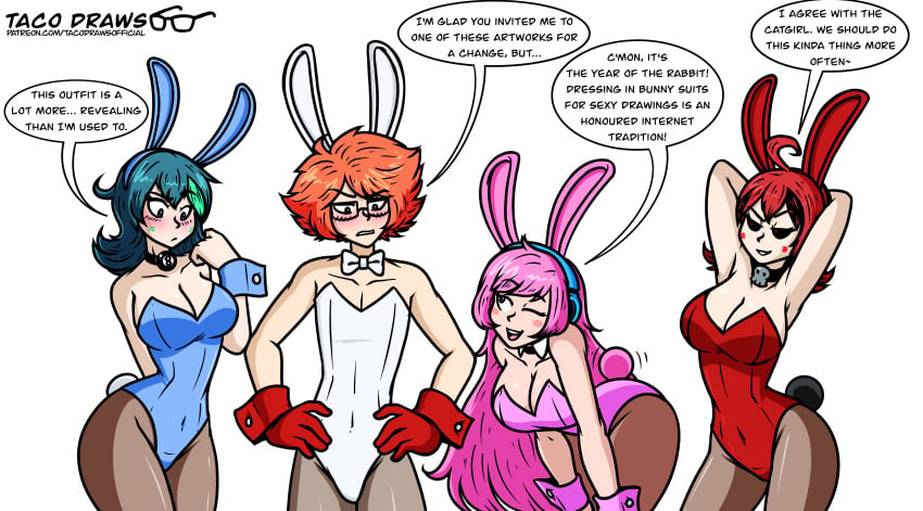 1boy 3girls black_sclera blue_eyes blue_hair bunnysuit captaintaco2345 choker clothed gray_eyes miss_jukebox_8 missjukebox8 missspookbox8 orange_eyes orange_hair pink_hair red_eyes red_hair sakura_miyamoto tacodraws text text_bubble trolli_comenz virtual_youtuber vtuber youtuber