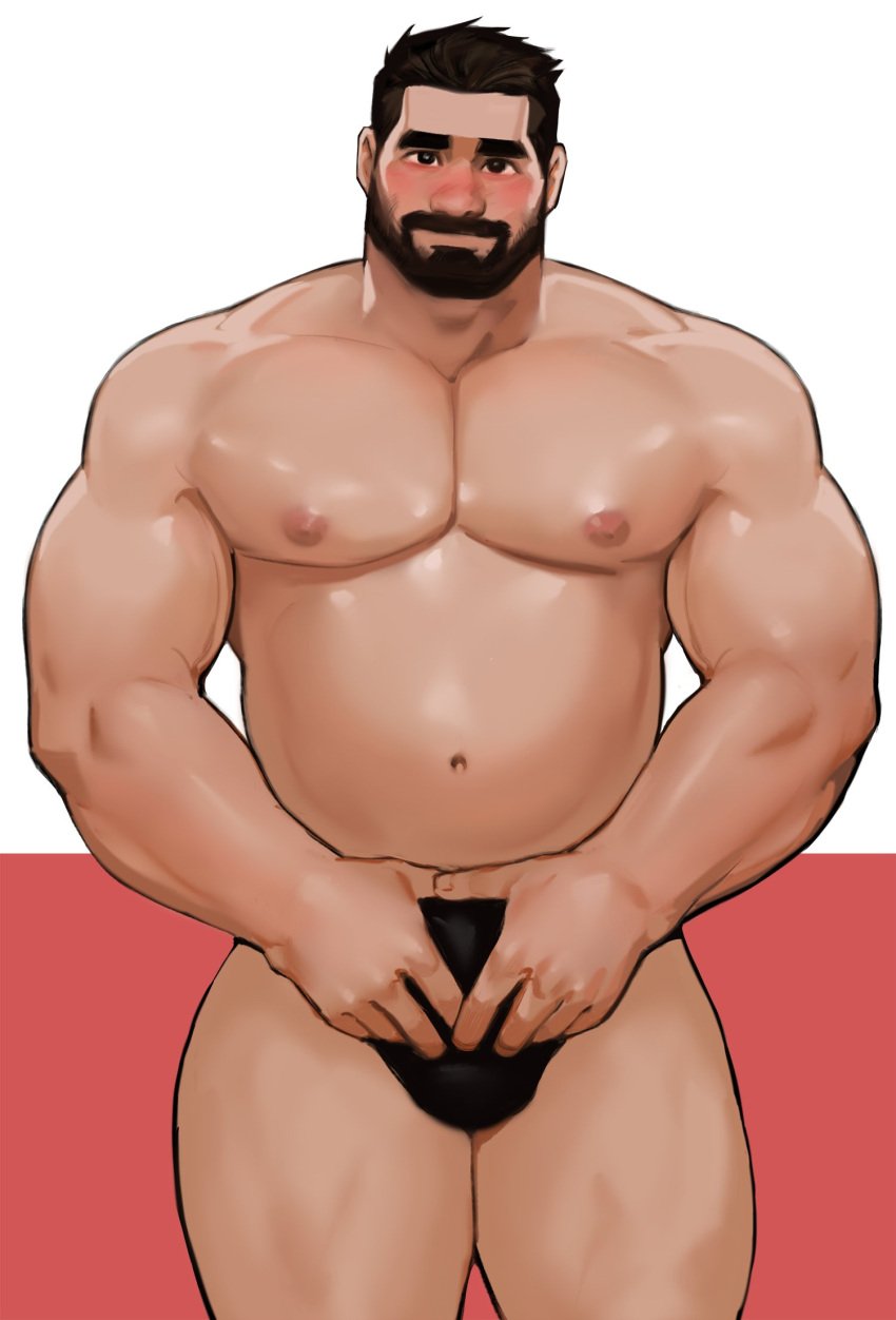 1boy bara beard belly belly_button black_eyes black_hair blush bulge dopq facial_hair gay looking_at_viewer male_only muscular muscular_male nipples shy simple_background slightly_chubby smile smooth_skin smooth_skinned_male solo standing thick_eyebrows thick_thighs underwear