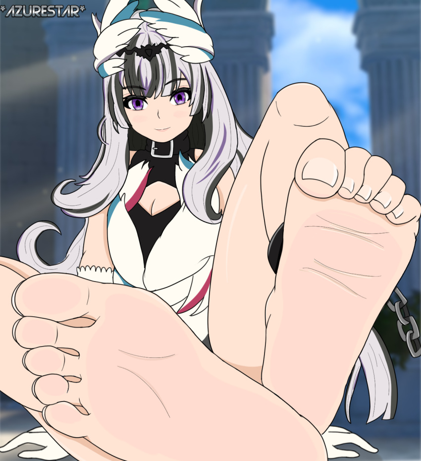 1girls anklet azurestar bare_legs barefoot blush chains cleavage clothing cuffed dress feet feet_up female female_only fire_emblem fire_emblem_engage foot_focus gloves legs nintendo pale_skin pov pov_feet purple_eyes soles solo toe_curl toenails toes toes_scrunch veyle_(fire_emblem) white_hair