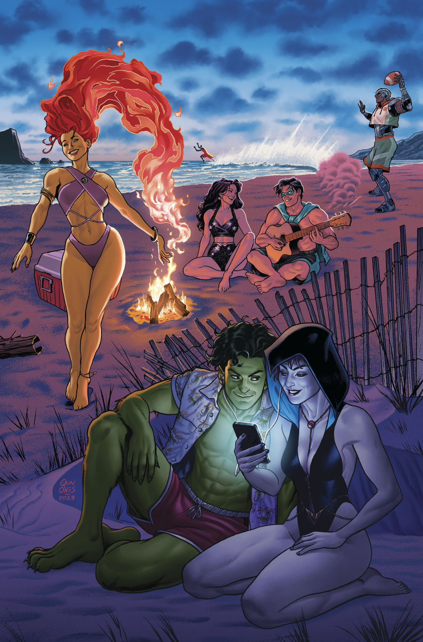 2023 3girls 4boys abs alien alien_girl alien_humanoid athletic athletic_male background barefoot batman_(series) beach beast_boy big_breasts bikini black_hair breasts campfire cleavage comic_cover cover cyborg_(dc) dated dc dc_comics detailed_background dick_grayson donna_troy feet female fire fire_hair garfield_logan green_hair green_skin grey_skin happy hips holding_object holding_phone hood joe_quinones kneeling koriand'r large_ass laugh long_hair male male/female mask multiple_boys multiple_girls nightwing official_art on_ground open_clothes open_shirt orange_hair orange_skin phone rachel_roth raven_(dc) red_hair sand shirt short_sleeves signature sitting smile stacked standing starfire starfire_(comics) straight_hair summer superhero superheroine swimsuit swimwear tamaranean teen_titans teeth the_flash the_flash_(series) thick thick_body thick_legs thick_thighs thighhighs thighs very_long_hair victor_stone voluptuous voluptuous_female wally_west water wholesome wide_hips wonder_girl wonder_woman_(series)