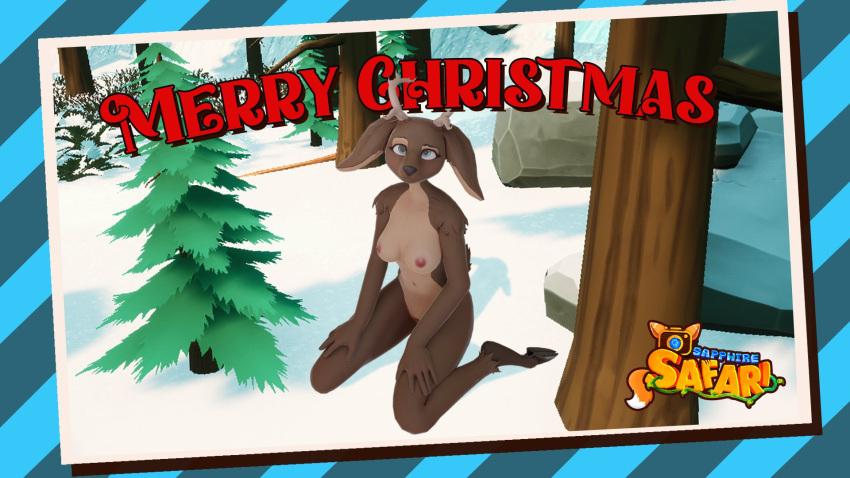 1girls 3d 3d_(artwork) anthro blue_eyes christmas deer deer_girl deer_horns deer_tail female kinky_fridays medium_breasts sapphire_safari snow