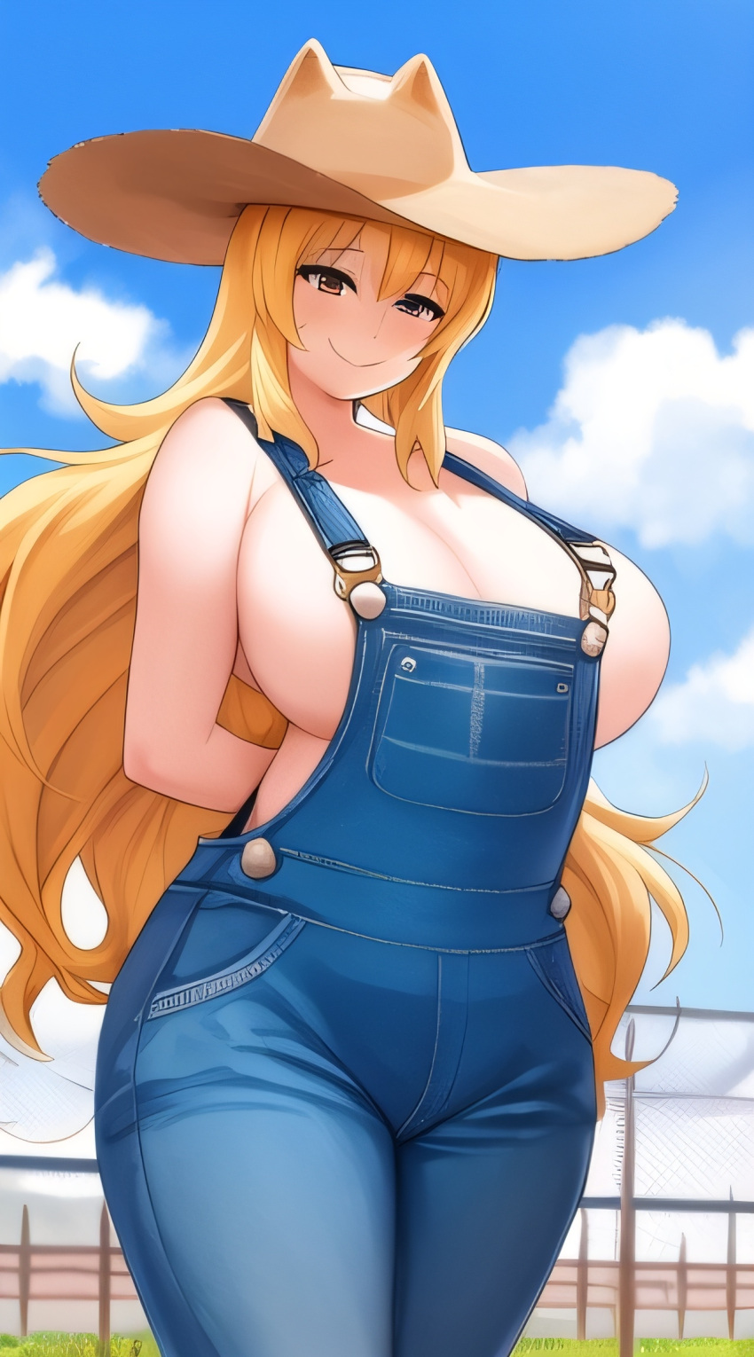 1girls ai_generated big_breasts big_butt brown_eyes cloud cowboy_hat digital_media_(artwork) farm farmgirl female fence huge_breasts light-skinned_female light_skin long_hair mischievous_smile overalls overalls_only skotlkw smiling smirk stetson sunny thick_thighs yellow_hair